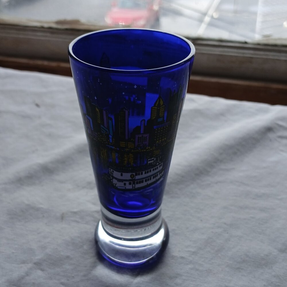 Cobalt Blue Tall Shot Glass Pittsburgh Skyline Souvenir 4" Glass